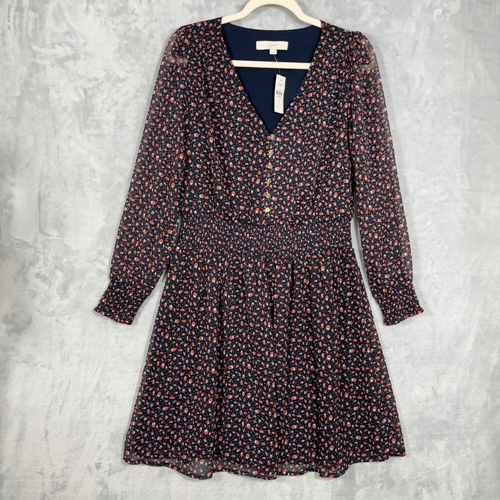LOFT Women NEW Midi Dress M Navy Ladybug Print Smocked Chiffon V-Neck Career